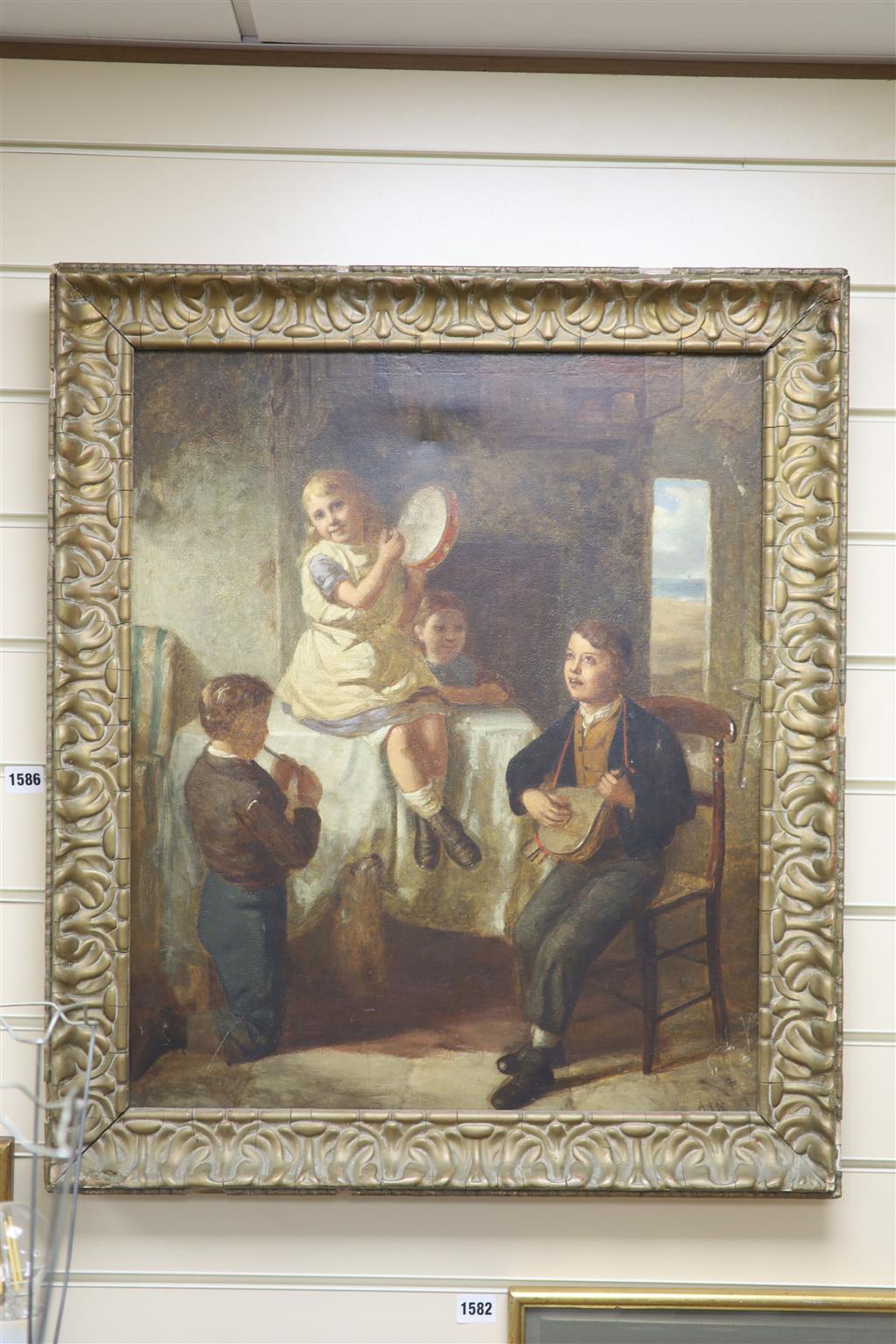 MR (19th century), oil on canvas, Children playing musical instruments, initialled, 60 x 49cm